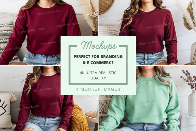 Long sleeve t-shirt mockup in maroon and green