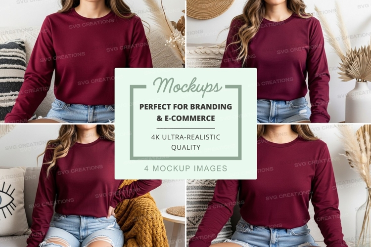 Long sleeve t-shirt mockup in burgundy