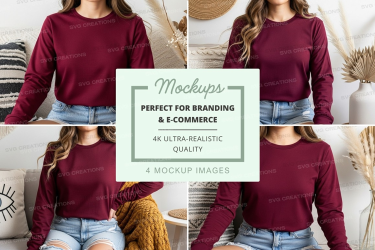 Long sleeve t-shirt mockup in burgundy