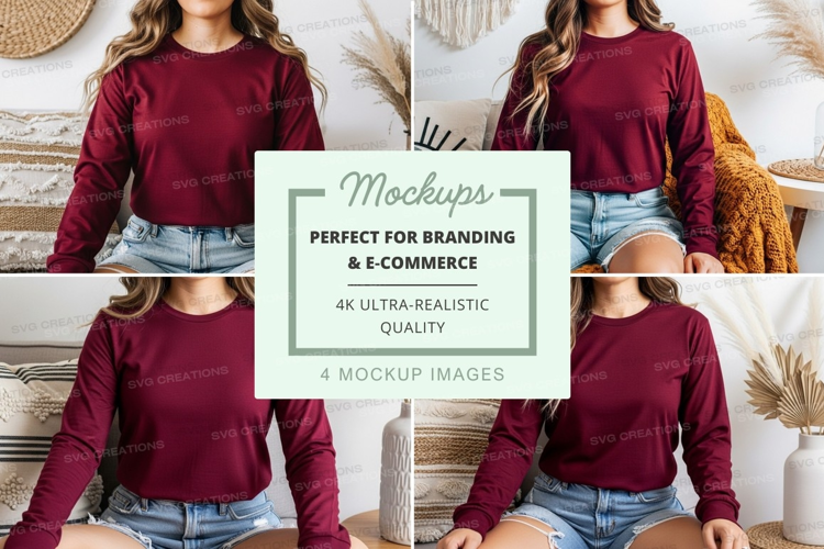 Woman wearing maroon long sleeve crew neck t-shirt mockup