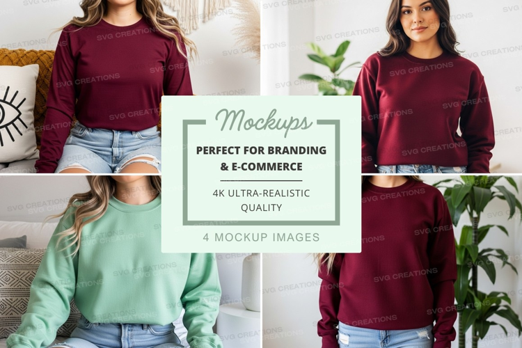 Long sleeve t-shirt mockup in burgundy and mint green