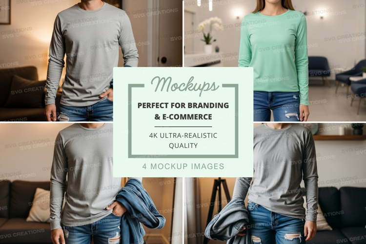 Long sleeve t-shirt mockup - crew neck, light gray and mint