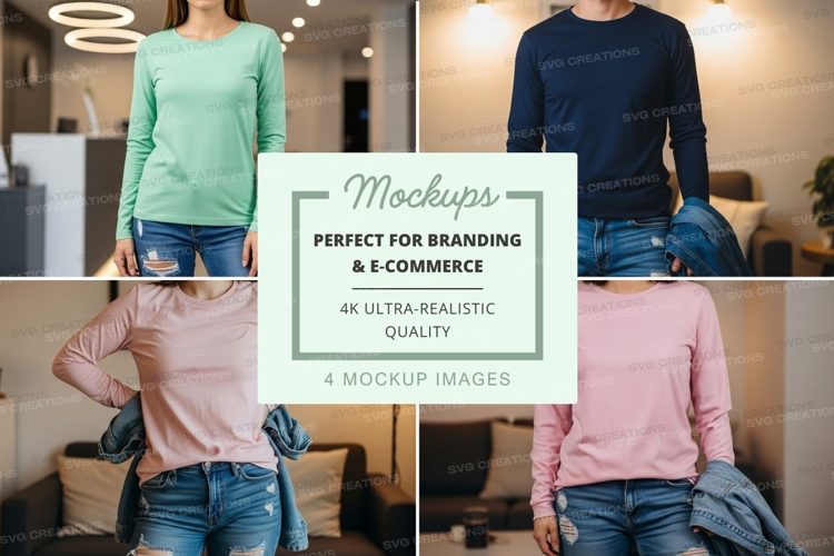 Long sleeve t-shirt mockup in green, navy, and pink