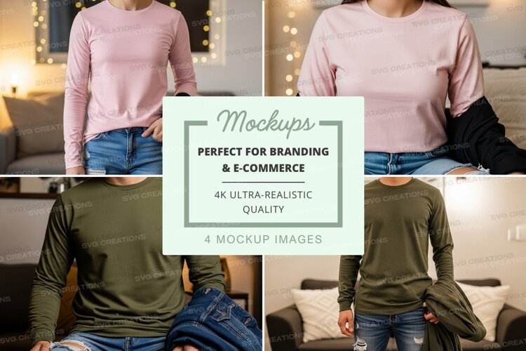 Long sleeve t-shirt mockup in pink and green example image 1