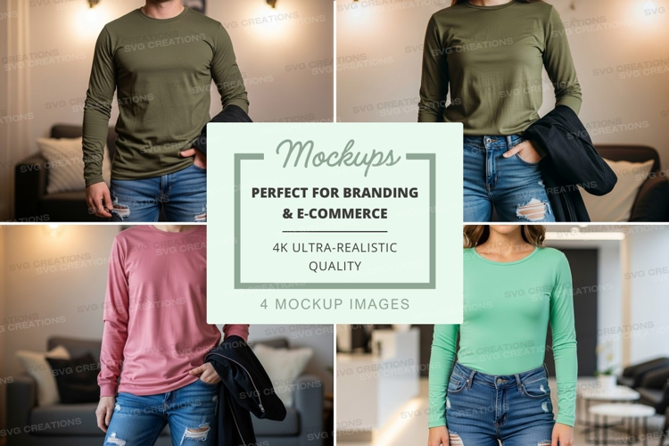 Long sleeve t-shirt mockup in olive, pink, and mint green