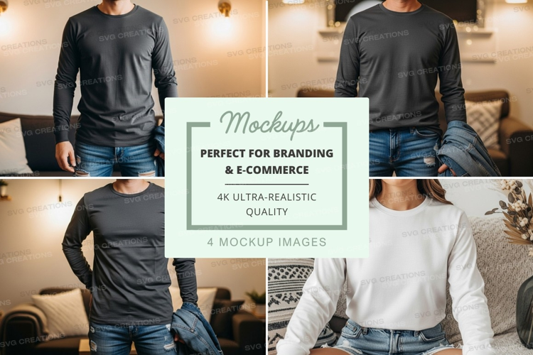 Long sleeve t-shirt mockup in living room setting
