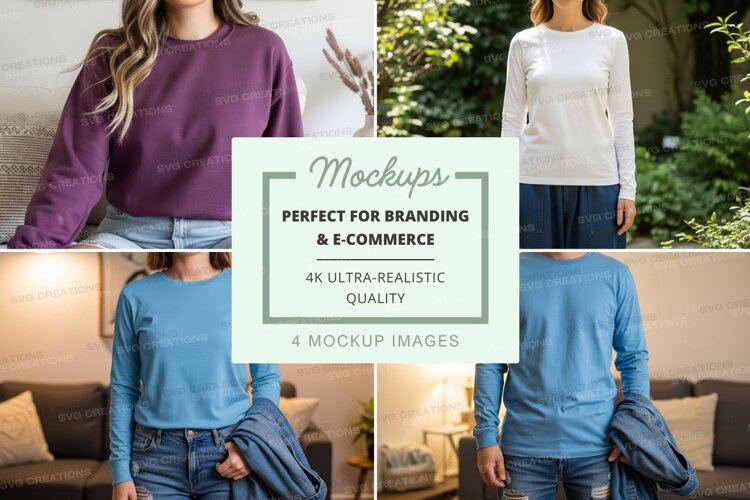 Long sleeve t-shirt mockup in purple and blue example image 1