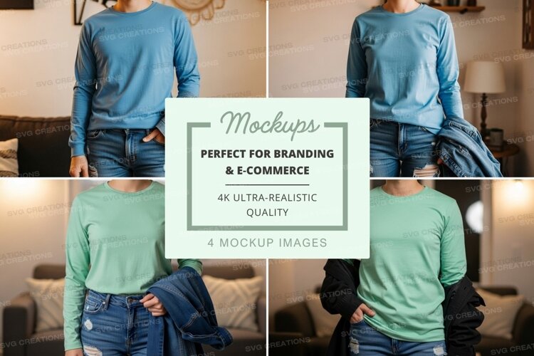 Long sleeve t-shirt mockup in blue and green example image 1