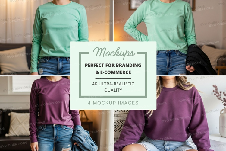 Long sleeve t-shirt mockup in green and purple