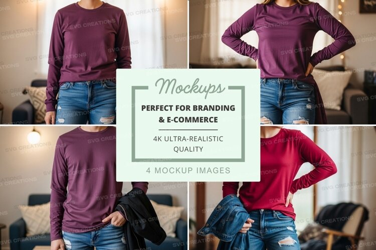 Long sleeve t-shirt mockup with model in living room example image 1