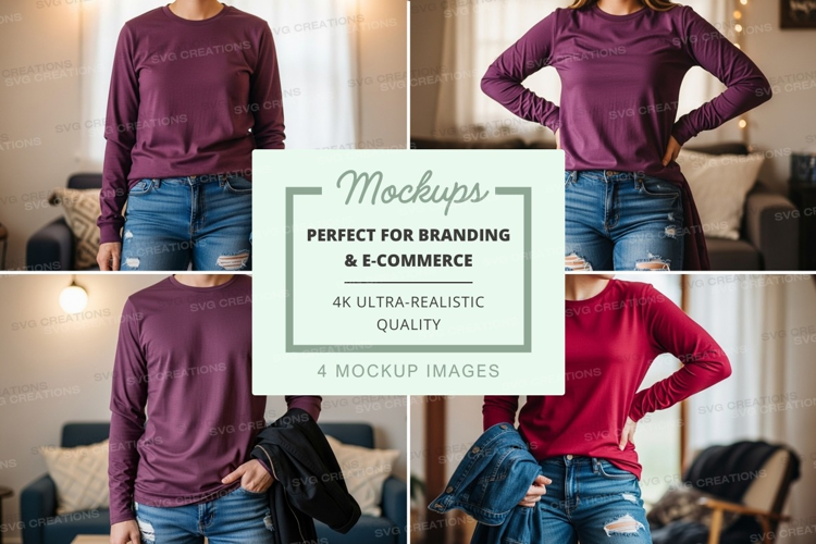 Long sleeve t-shirt mockup with model in living room