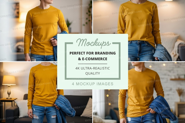 Mockup: long sleeve t-shirt mockup in mustard yellow