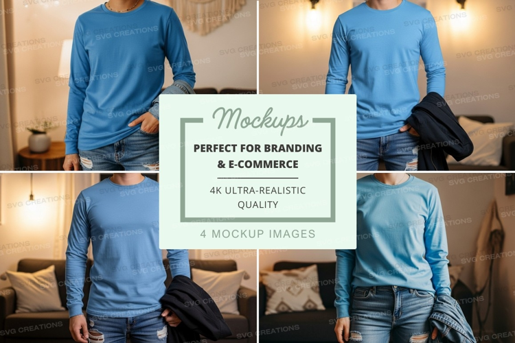 Light blue long sleeve t-shirt mockup with multiple models