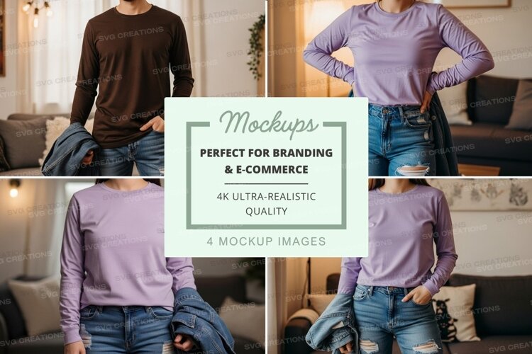 Long sleeve t-shirt mockup in brown and lavender example image 1