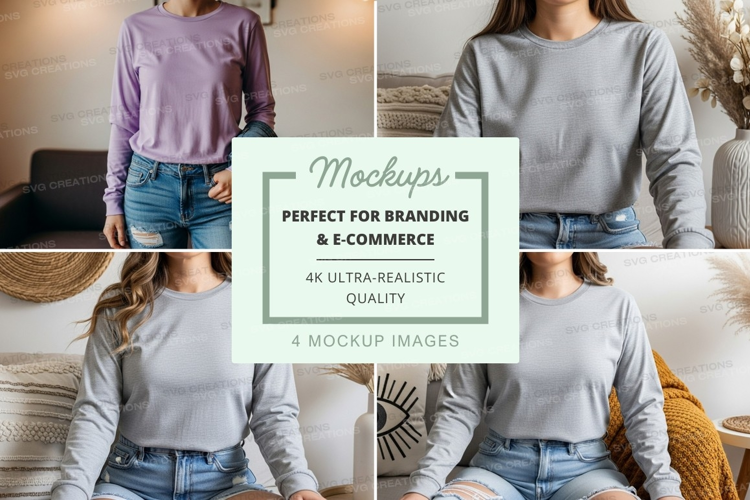 Long sleeve t-shirt mockup in light gray and lavender