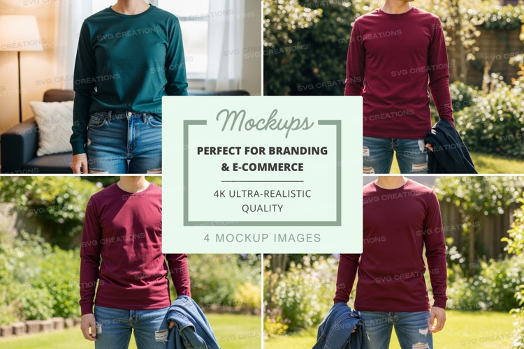 Four people wearing long-sleeve t-shirts mockup