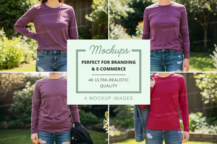 Long sleeve t-shirt mockup in purple and red
