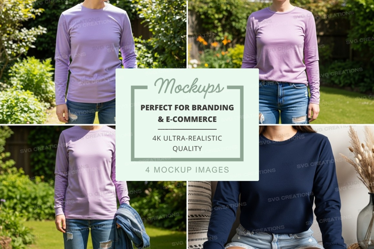 Long sleeve t-shirt mockup in purple and navy blue