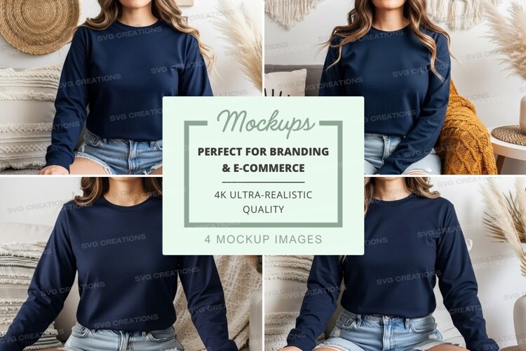 Long sleeve crew neck t-shirt mockup in navy blue example image 1