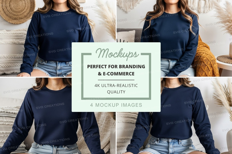 Long sleeve crew neck t-shirt mockup in navy blue