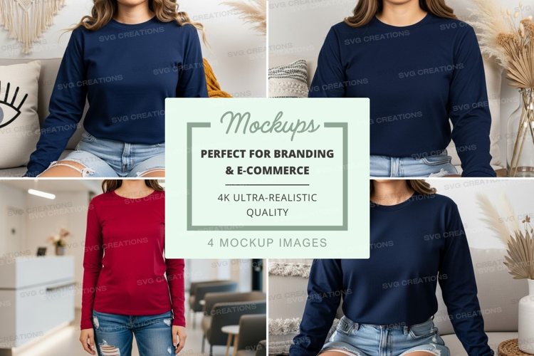 Long sleeve t-shirt mockup in navy blue and red