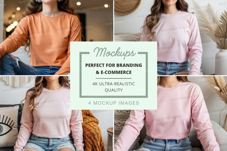 Long sleeve t-shirt mockup in pink and orange example image 1