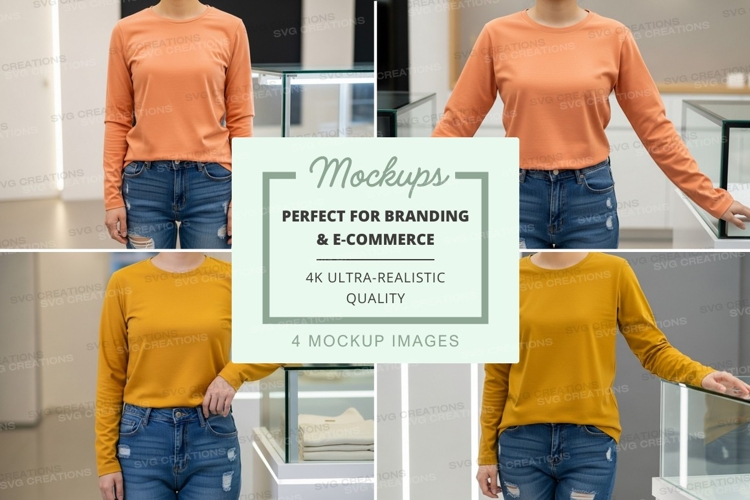Long sleeve t-shirt mockup on female model with jeans