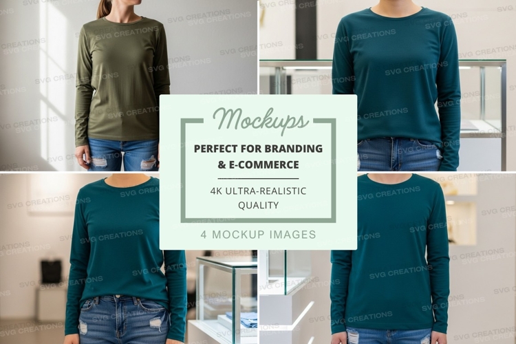 Long sleeve t-shirt mockup in olive and teal colors