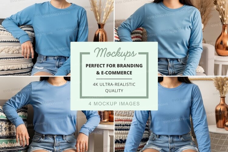 Long sleeve t-shirt mockup - light blue, crew neck, casual s example image 1