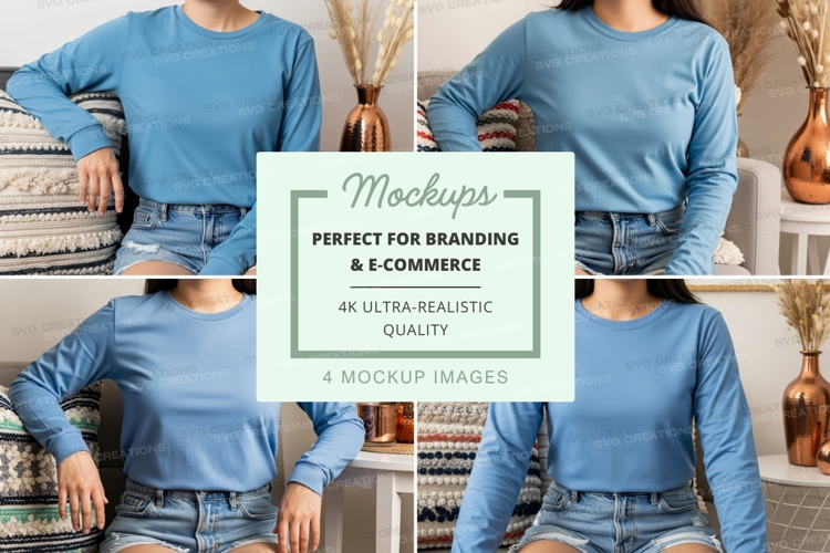Long sleeve t-shirt mockup - light blue, crew neck, casual s