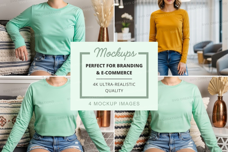Long sleeve t-shirt mockup in light green and mustard yellow