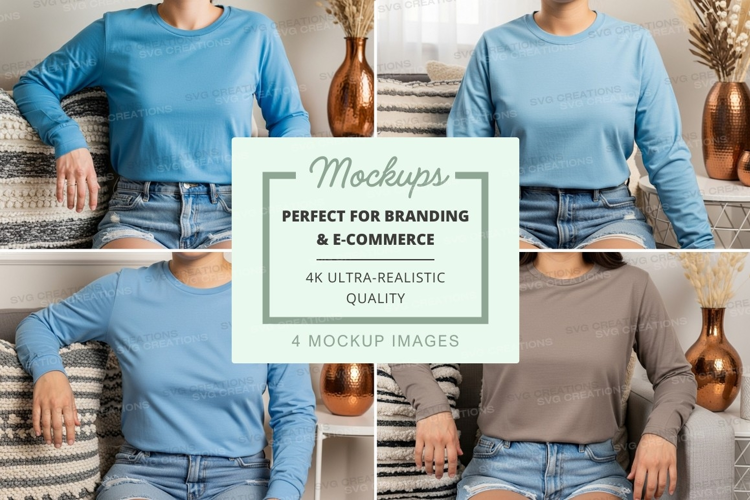 Long sleeve t-shirt mockup in blue and gray
