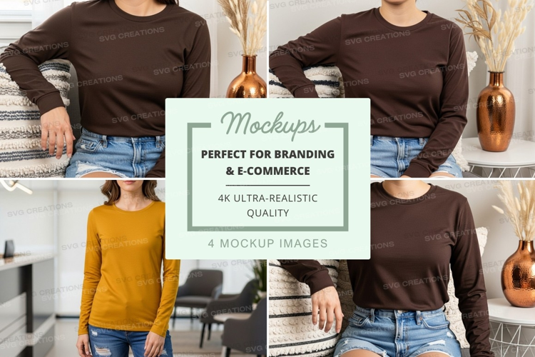 Long sleeve t-shirt mockup in brown and mustard