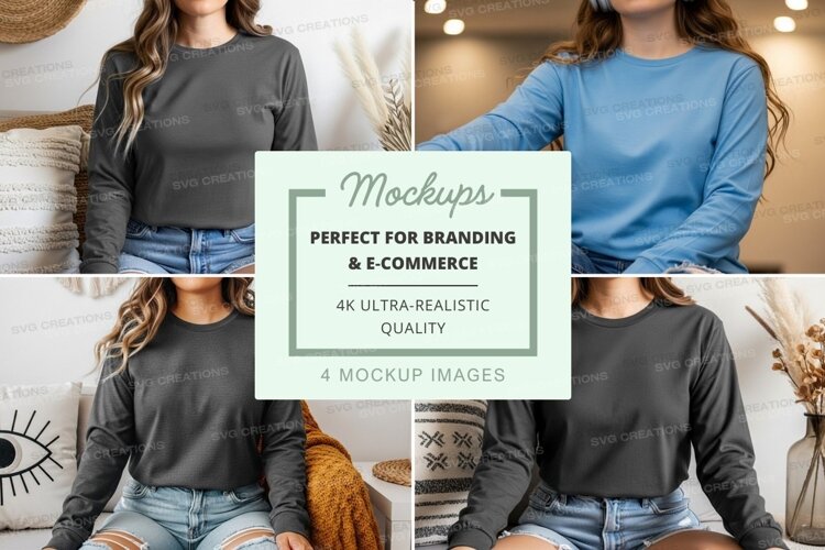 Long sleeve t-shirt mockup in gray and blue example image 1