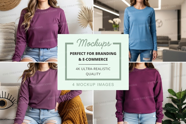 Long sleeve t-shirt mockup in purple and blue