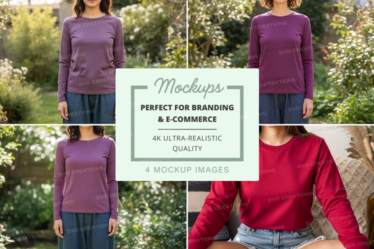 Long sleeve t-shirt mockup in purple and red