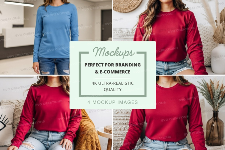 Long sleeve t-shirt mockup in blue and red