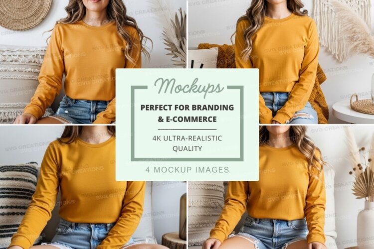 Mockup of mustard yellow long sleeve crew neck t-shirt example image 1