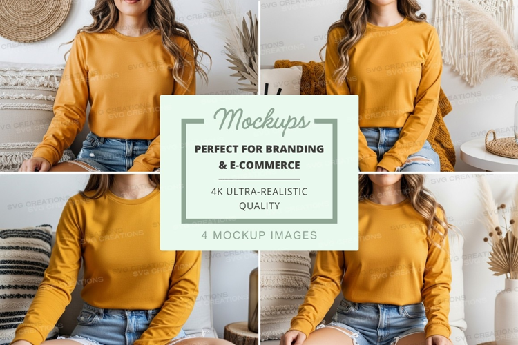 Mockup of mustard yellow long sleeve crew neck t-shirt