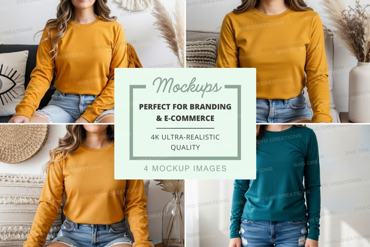 Long sleeve t-shirt mockup in mustard and teal colors