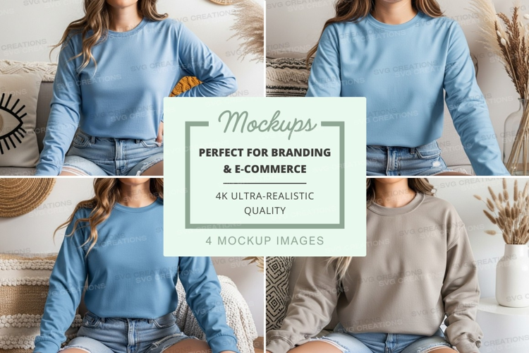 Long sleeve t-shirt mockup in light blue and beige