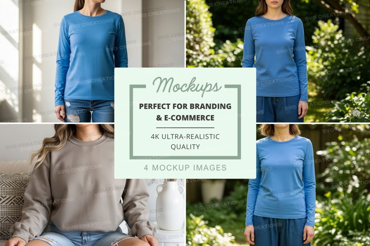 Long sleeve t-shirt mockup in blue and beige