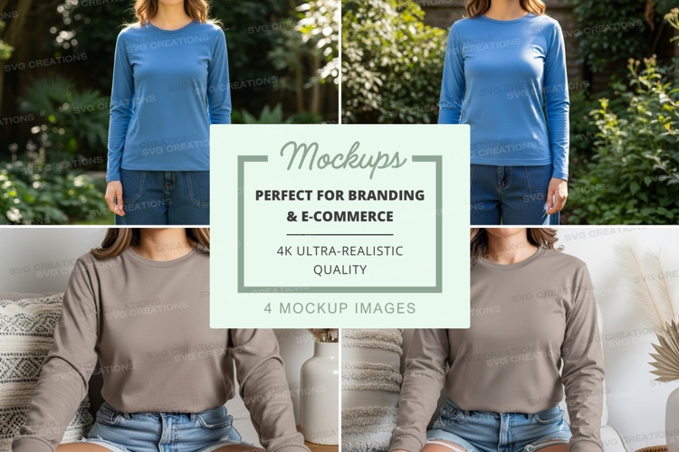 Long sleeve t-shirt mockup in blue and beige