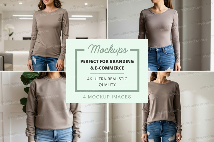 Long sleeve t-shirt mockup in beige with jeans