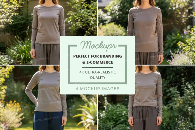 Long sleeve t-shirt mockup in beige with model