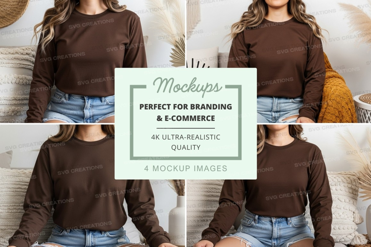 Brown long sleeve crew neck t-shirt mockup on model
