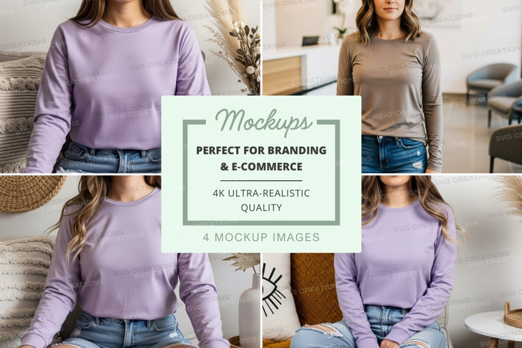 Long sleeve t-shirt mockup in lavender and beige
