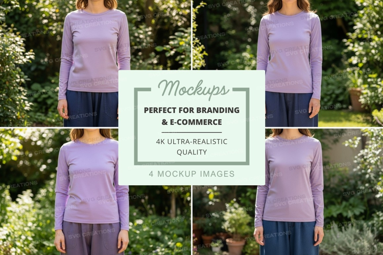 Long sleeve t-shirt mockup in lavender with blue pants