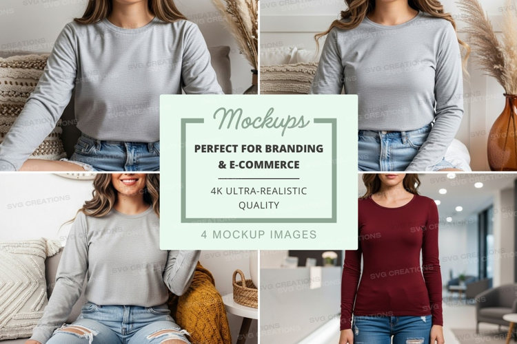 Long sleeve t-shirt mockup in light gray and burgundy