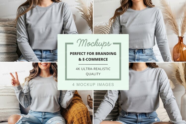 Long sleeve t-shirt mockup - light gray, crew neck, casual s example image 1